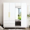 4-Door Wardrobe with Mirror & 2 Drawers, Armoire Wardrobe Closet with 2 Hanging Rods, Armoire Closet with Wooden Legs, Closet 3