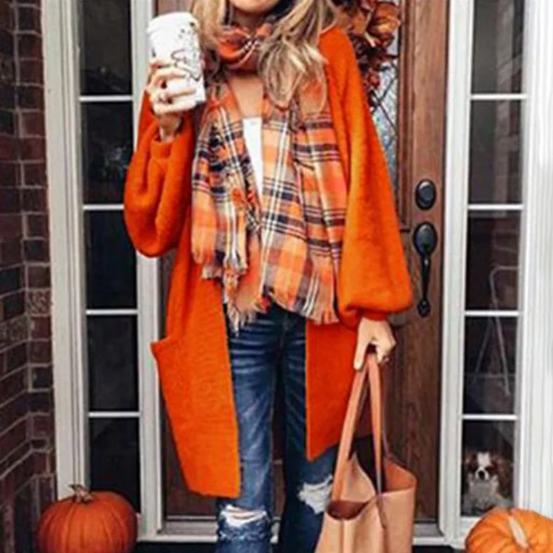 

Halloween Loose Sweater Women 2023 Autumn Winter Mid-Length Large Pocket Lantern Sleeve Sweater Cardigan Women