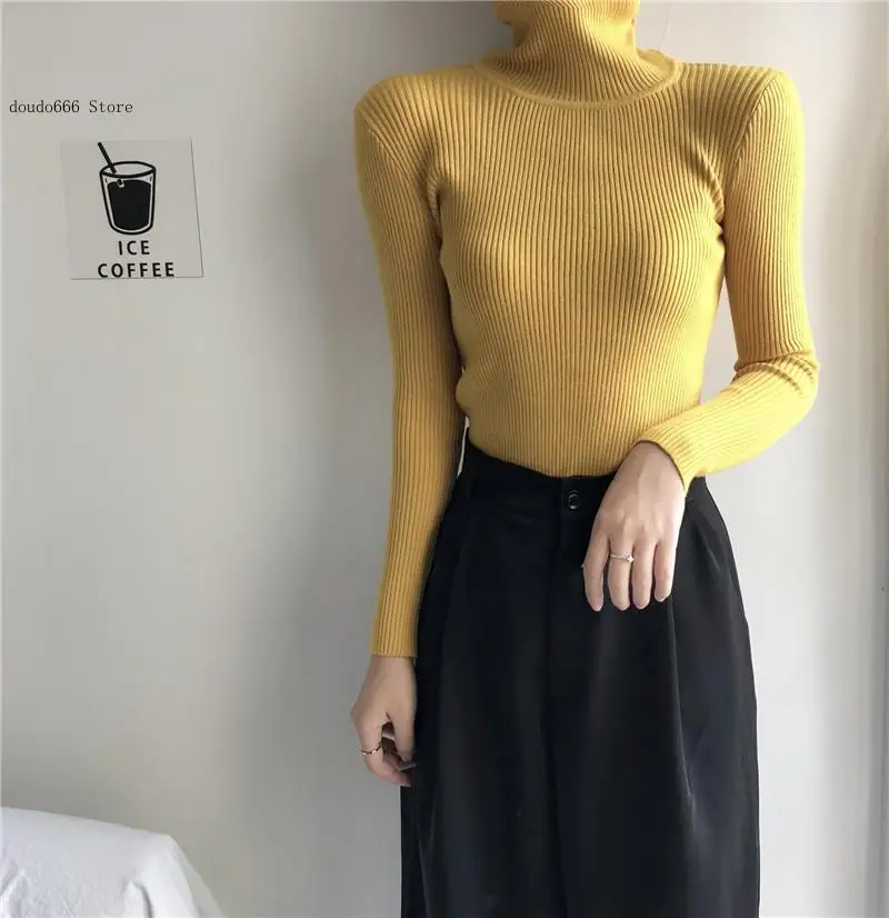 Women's Autumn and Winter Turtleneck Long-Sleeved Pullover Slim-Fit Knitted Sweater Basic Casual Knitted Sweater