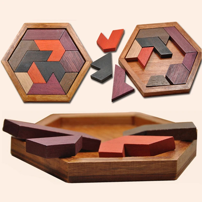 Wooden Hexagonal Puzzle Toys Jigsaw Board Child Educational Montessori Toy Tangram IQ Brain Teaser Gift for | Игрушки и хобби