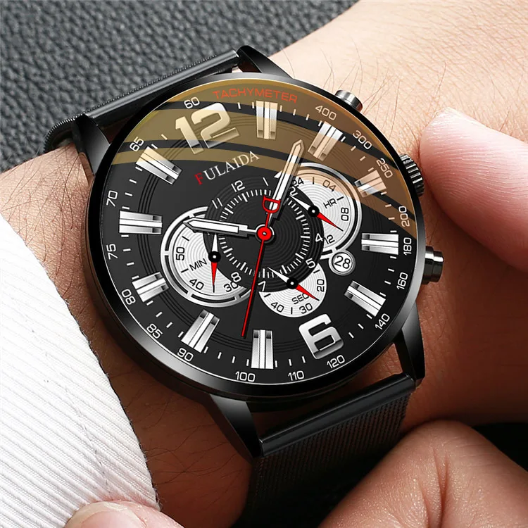 Men's Fashion Business Calendar Watches Luxury Stainless Steel Mesh Belt Analog Quartz Watch Business Luminous Wristwatch Clock