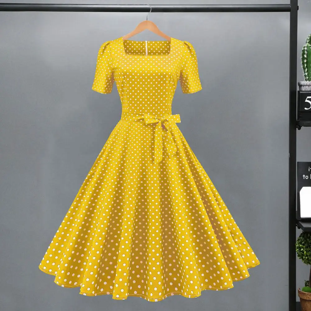 

Classic Movie Style Dress Timeless Vintage Polka Dot Dress with Square Collar for Women Classic Movie Style Retro Temperament