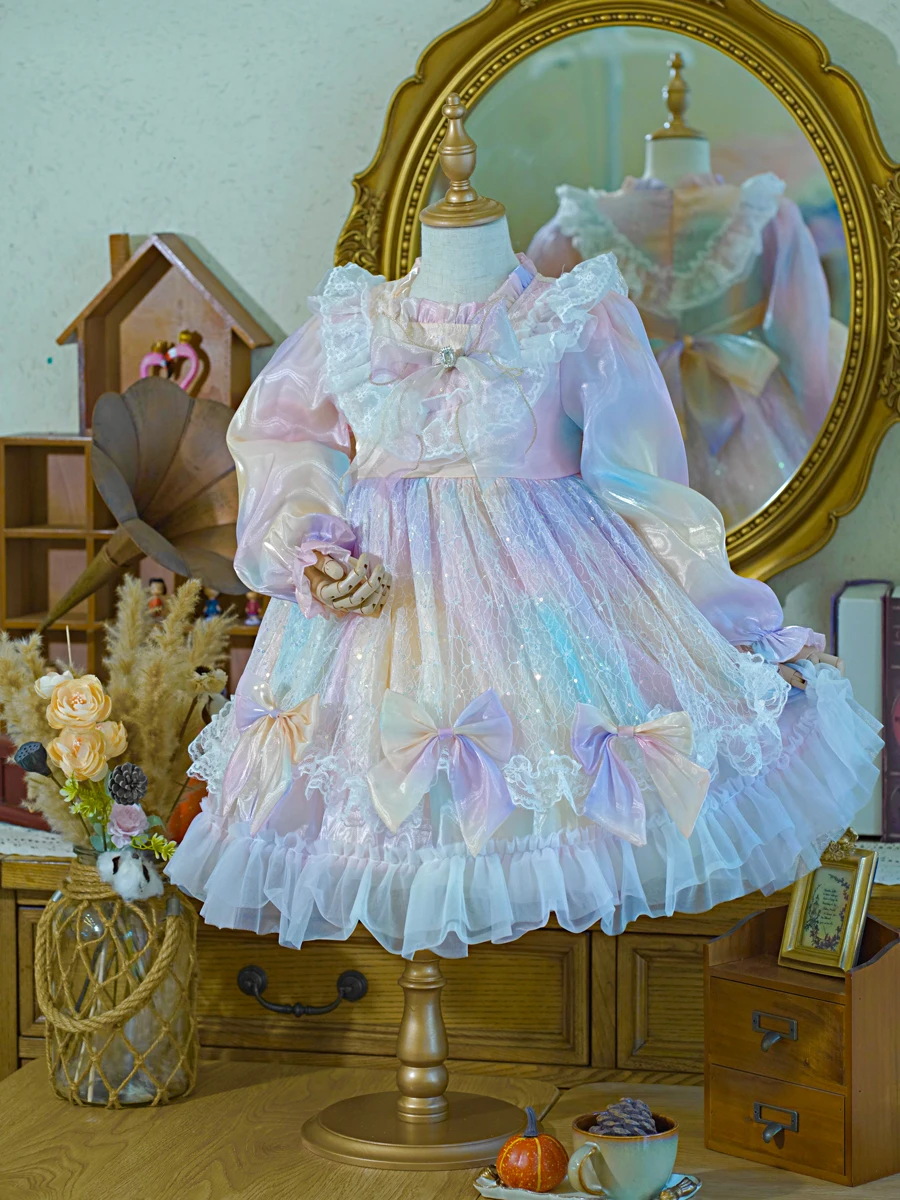

Girls' Autumn and Winter Lolita Princess Dress baby Girl's Children's Puffy Rainbow Mesh Dress Birthday Princess Dress