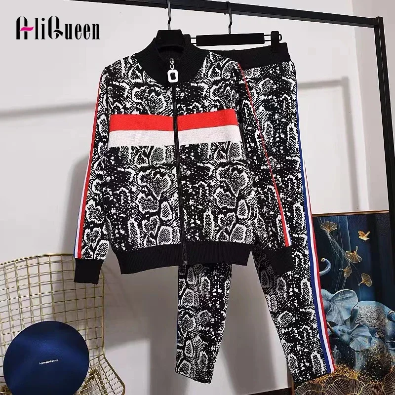 

Осенне-зимний трикотажный кардиган в полоску с длинным рукавом и принтом + брюки до щиколотки, спортивные костюмы, комплект из двух предметов