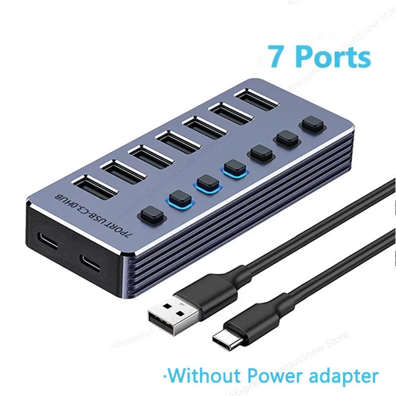 Aluminum 7-Port USB 3.0 Hub with On/Off Switches and Power Adapter