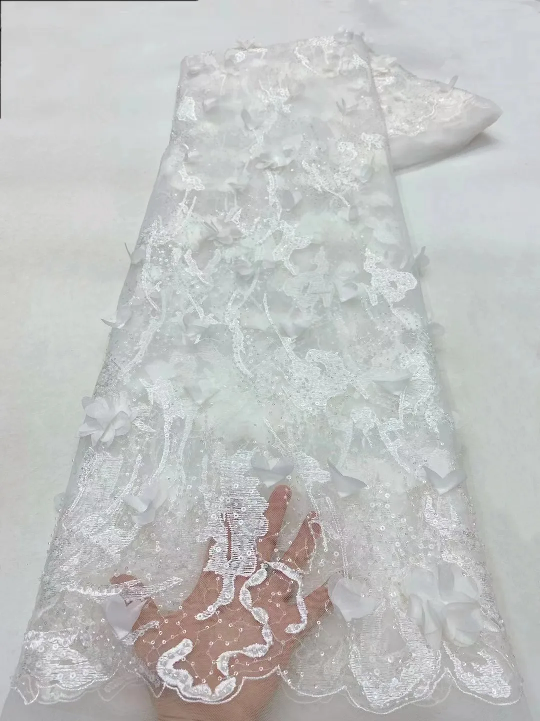 

African Beaded Net Lace Fabric Nigerian Bridal Wedding Dress Cloth High Quality Pearl 3d Flower Applique Brazil Tulle Lace