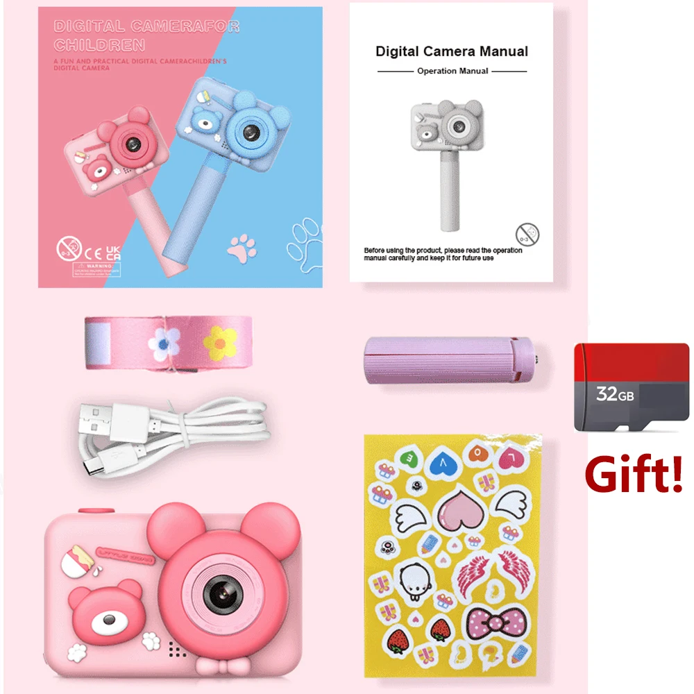 New Bear Kids Digital camera cartoon with Tripod Micro Toy lanyard Children Selfie Portable Toddler Video Holiday Gifts