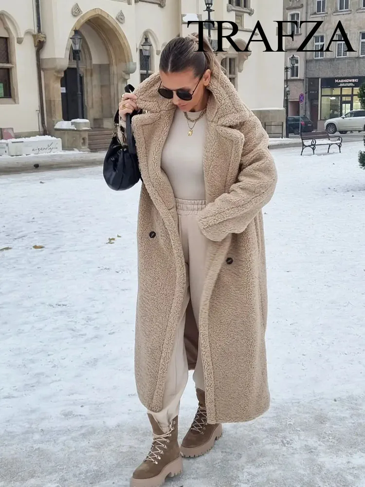 TRAFZA Vintage Teddy Long Coat Women Autumn Winter Lapel Chic Long Sleeve Double Breasted Big Jacket Woman Street Blend Overcoat 4
