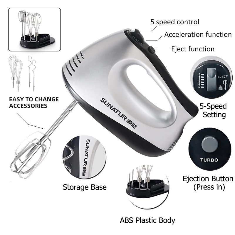 SUNATUR Hand Mixer 110-240V Blender 300W Electric Food Processor 3 in 1 Mixer Kitchen Appliances Machine Mixer for Baking 6