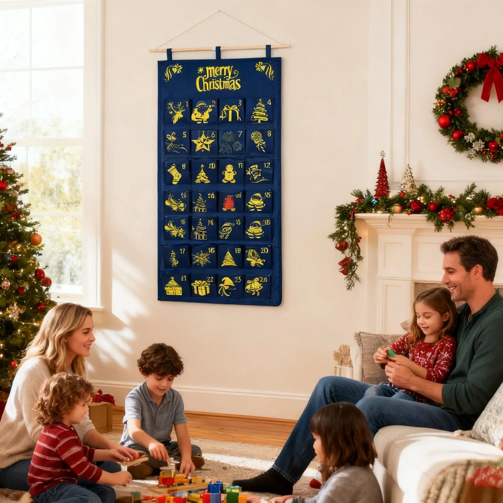 Calendar Advent with Pockets 24 Day Christmas Storage Bag Hangable Fabric Calendar for Living Room Classroom Kindergarten