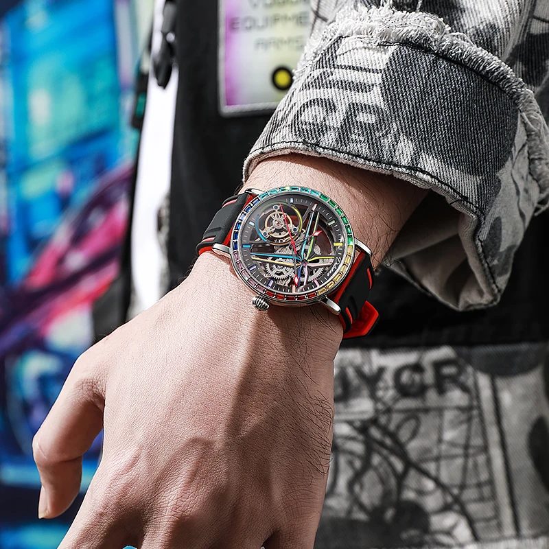 Mechanical Watch Rainbow Colored Gemstone Tourbillon Fashion Skeleton Watch Men Waterproof 30M Sports Watches Luxury Automatic Mechanical Clock