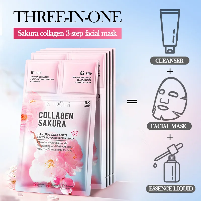 5pcs SADOER Sakura Face Mask Facial Cleanser Serum Kit Moisturizing Anti-Aging Anti Wrinkles Facial Masks Skin Care Sets
