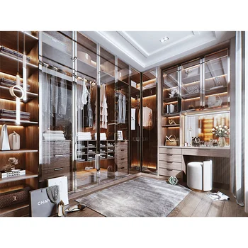 Italian Style Open Cloakroom U Shape Wardrobe Cabinet Metal Glass Door Walk-in Wardrobe Clothes Closets