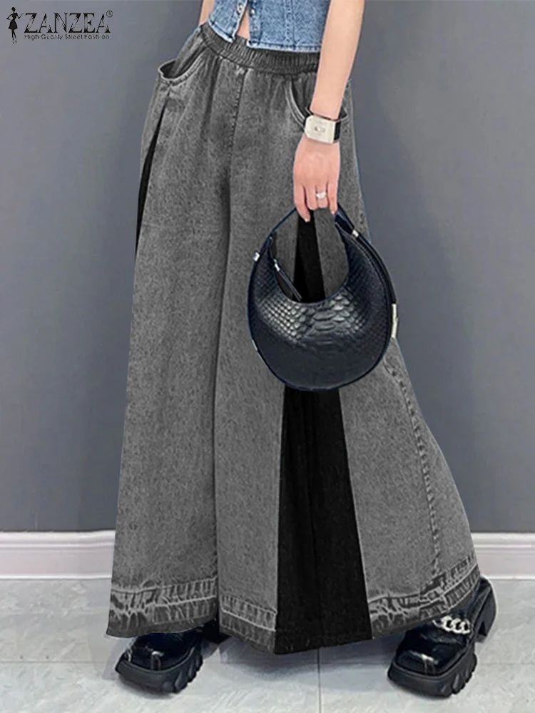 Polyester Elastic Waist Wide Leg Pants for Women