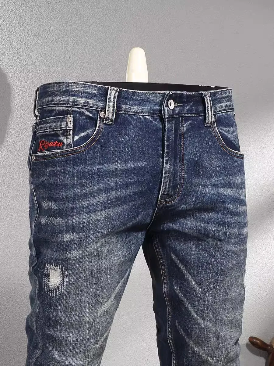 Newly Designer Fashion Men Jeans High Quality Retro Washed Blue Elastic Slim Fit Ripped Jeans Men Patched Vintage Denim Pants