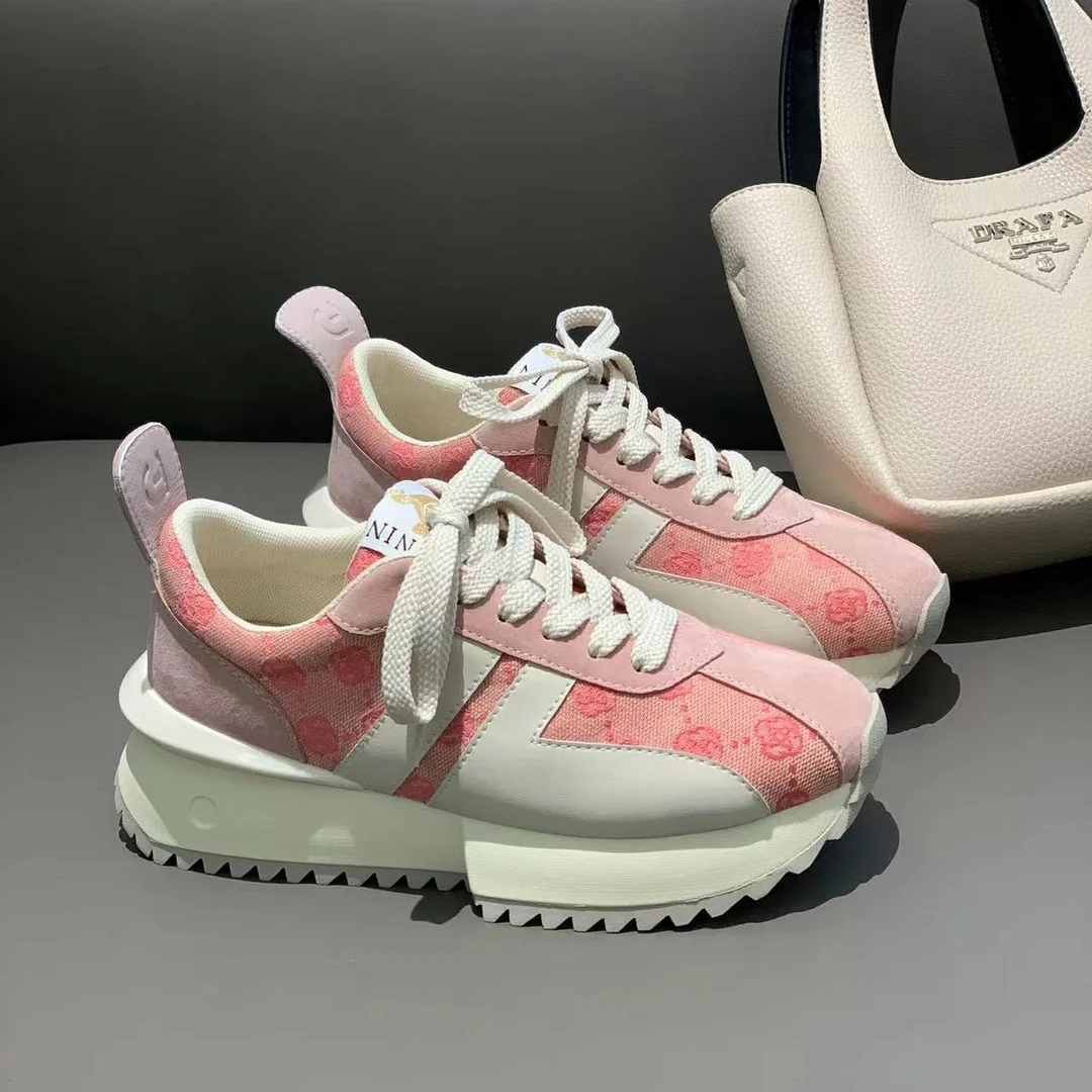 

Pink Leather Waffle Forrest Gump Shoes Women 2023 Spring New Thick-soled Sneakers All-match Lightweight Casual Sports Shoes