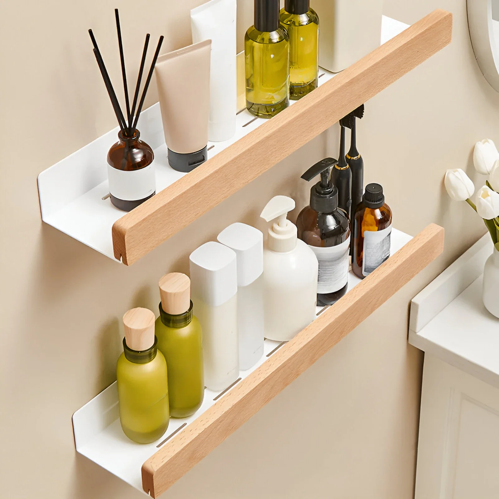 Beech wood bathroom storage rack wall mounted light luxury living room non perforated bathroom storage rack  bathroom shelf 3