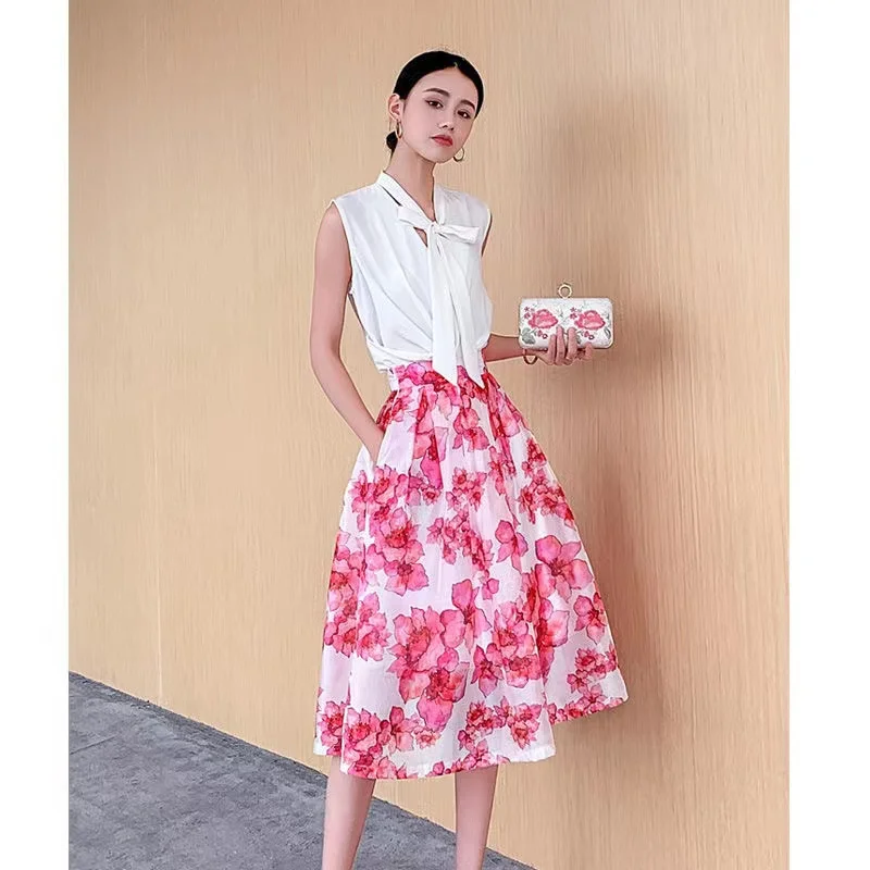 

2021 Fashion Spring Fllower Floral Midi Long Pleated Skirt Women Korean Style Mid-Length High Waist Zipper Hepburn Dance Skirts