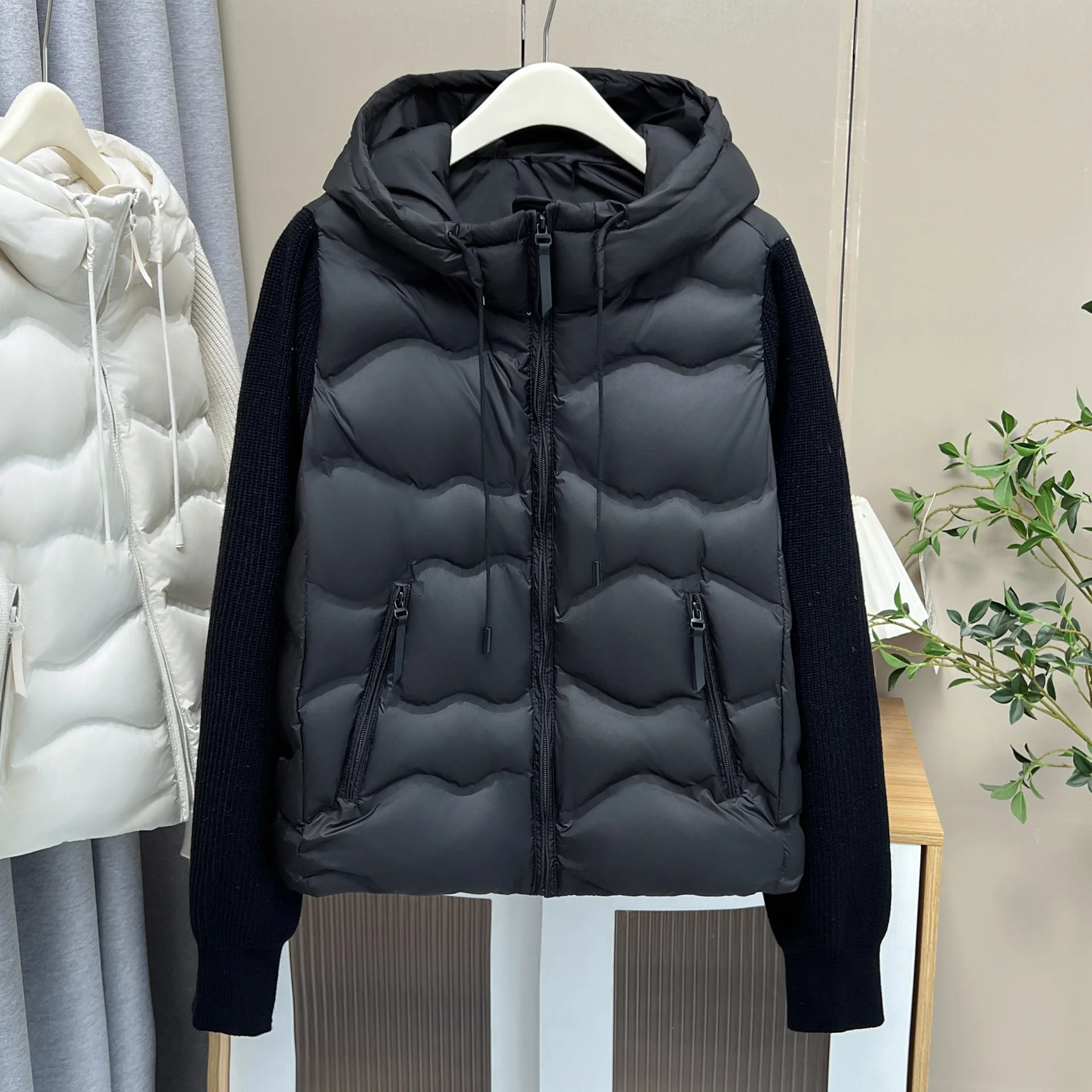 XXXXL Fashion Plus Size Women's Down Jacket 2025 Winter New Korean-style Knitted Sleeve Hooded White Duck Down Warm Coat 1769