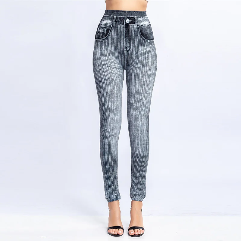 Frauen gestreiften Druck falsche Jeans hohe elastische schlanke Leggings im Freien tragen laufen hohe Taille sexy Hüftlift Mode Yoga Strumpfhosen – Detail 5
