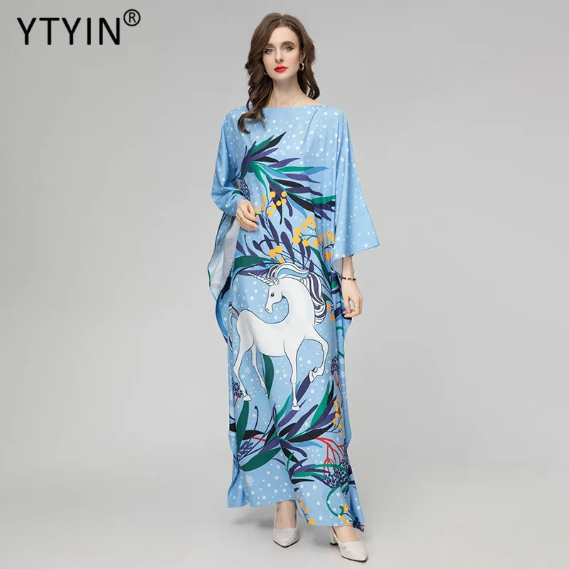 

YTYIN JUNLINNA Robe Fashion Designer Loose Dresses Spring Summer Women O-Neck Batwing Sleeve Elegant Printing Long Vestidos