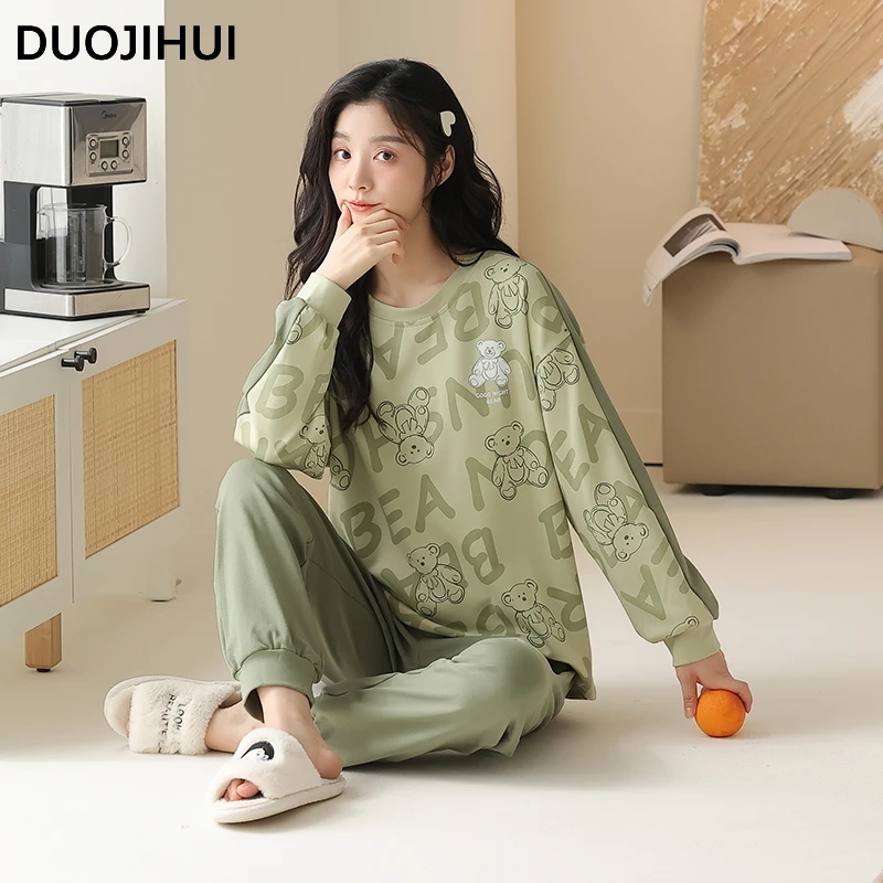 

DUOJIHUI Fashion Long Sleeve Loose Female Sleepwear Sets Basic O-neck Pullover Casual Pure Color Pant Simple Women's Pajamas Set