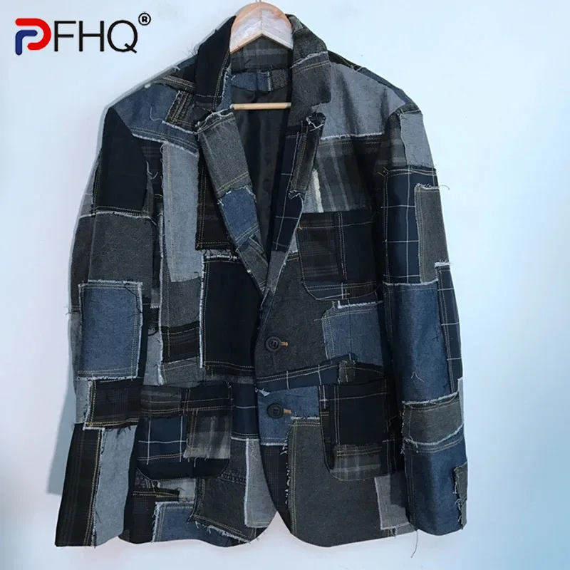Autumn Men's Denim Plaid Raw Edge Stitching Blazers Patchwork Design Cool Motorcycle Creativity Casual Button Coat 21Z1406