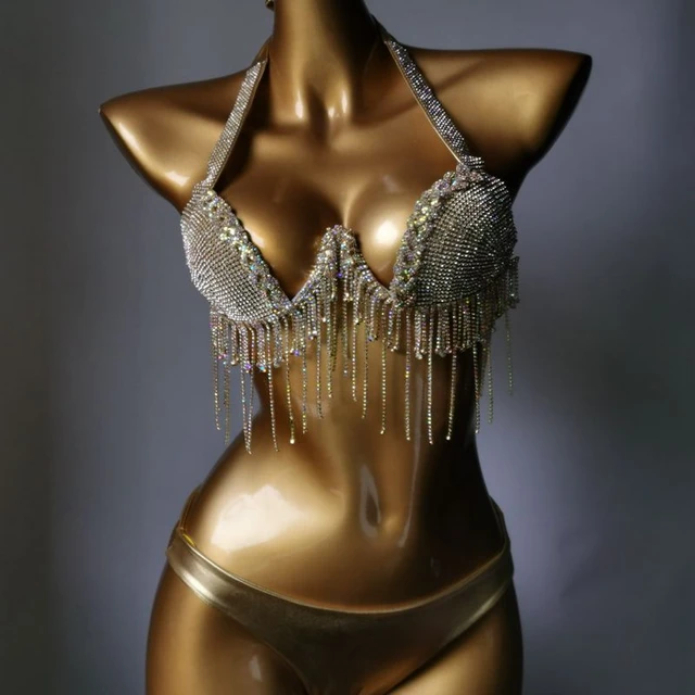 Shiny Rhinestone Bra Chain Jewelry Silver or Gold Body Chain Tassels  Sequins Bra Bikini