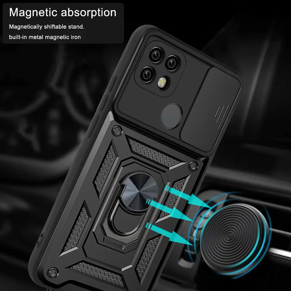 Shockproof Armor Case with Ring Holder and Slide Lens Cover Protection