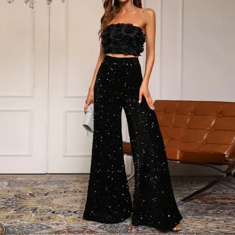 Shiny high waisted slimming wide leg pants for women's fashionable elastic high waisted pants for party casual street wear YDL28
