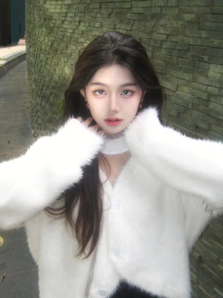 

Женский винтажный кашемировый свитер Y2k, однотонный кардиган с лямкой на шее в стиле Харадзюку, Модная трикотажная верхняя одежда с белым мехом, универсальные пальто, осень 2023