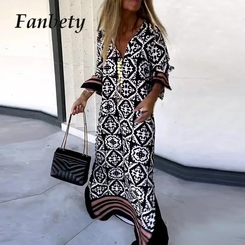 

Casual Stitching Stripe Streetwear Maxi Dress 2023 New Women Summer Print Dress Robe Retro Geometric Loose V-Neck Dress Vestidos
