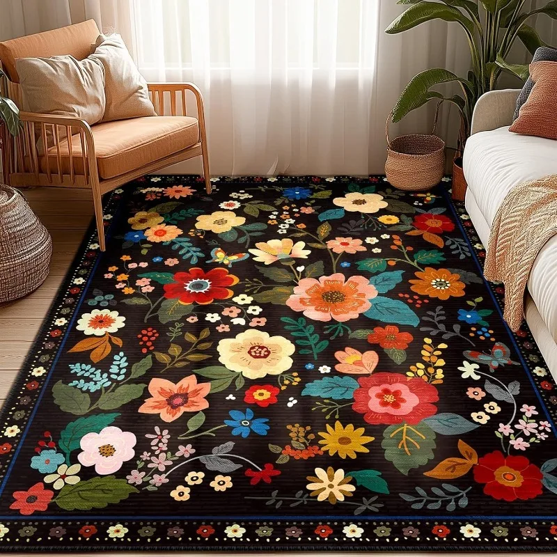 Retro Flower Living Room Carpet Fashion Light Luxury Bedroom Rugs Machine Washable Non-slip Large Area Sofa Coffee Table Mats 러그