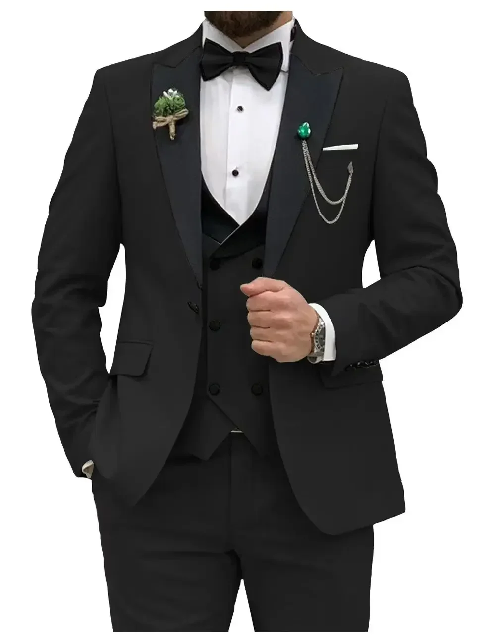 Slim Fit Men Suits Double Groom Formal Business Male Blazer Set Peak Lapel Party Wedding Tuxedo (Jacket+Vest+Pants) 3