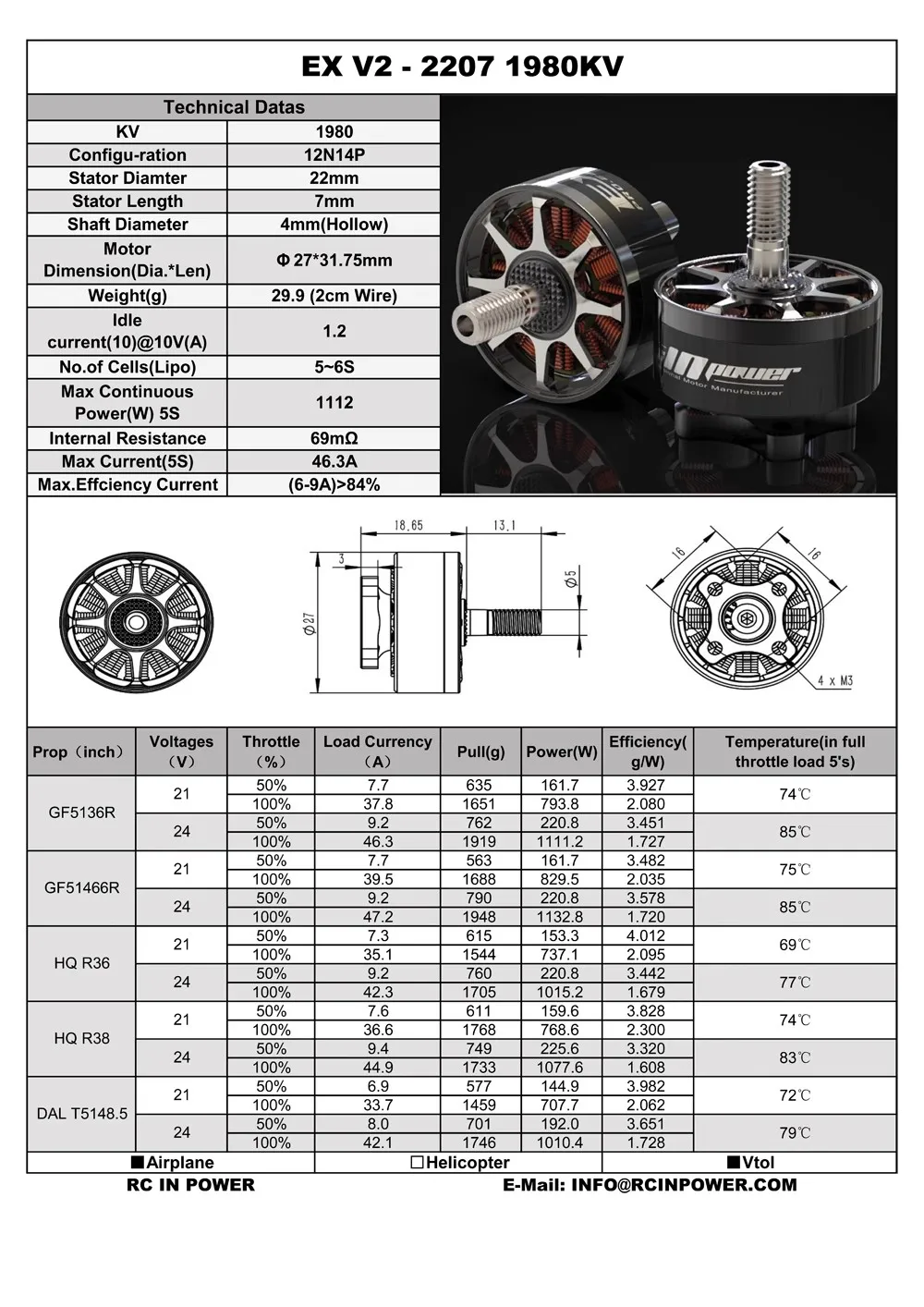 Moteur Brushless RCinpower EX2207 EXV2 1980KV 2500KV 5 pouces pour drone FPV
