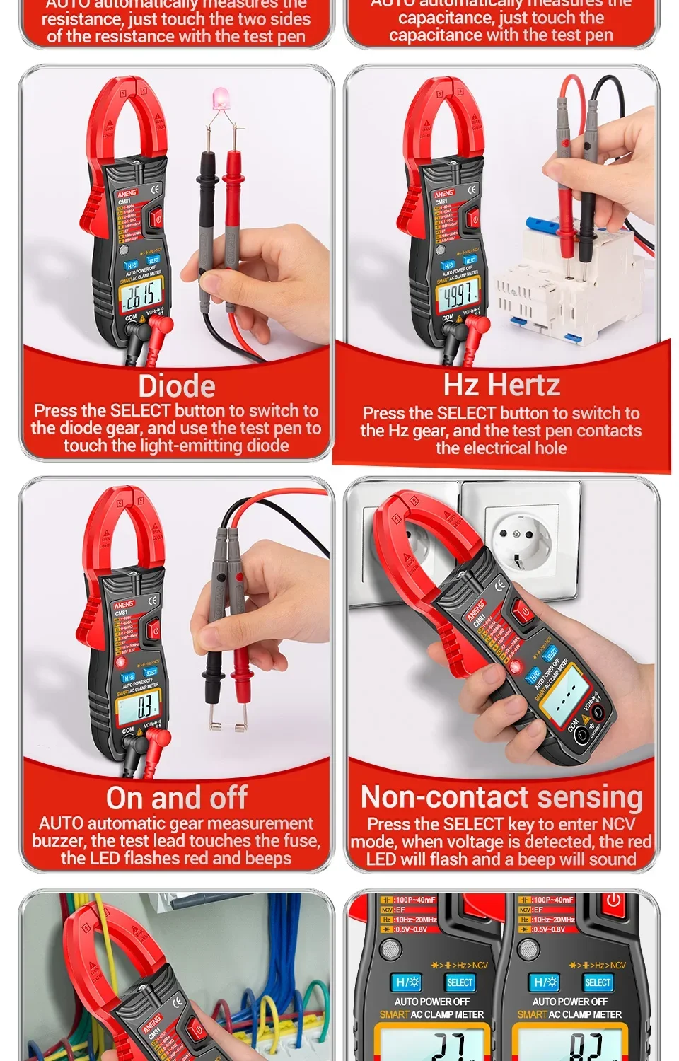 ANENG CM81 Digital Clamp Multimeter - AC/DC Voltage, Current, Resistance, Capacitance, and Diode Tester High-performance, auto-ranging digital clamp multimeter for precise measurements of AC/DC voltage, current, resistance, capacitance, and diode testing. High-performance, auto-ranging digital clamp multimeter for precise measurements of AC/DC voltage, current, resistance, capacitance, and diode testing. S90518cbaa8a94d2ca177605c737c09f0X -