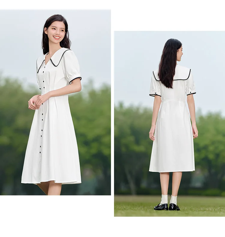 Vestido de mujer de algodón puro con mangas abullonadas, nuevo vestido de verano con bloques de color, solapa grande y largo medio, estilo universitario.