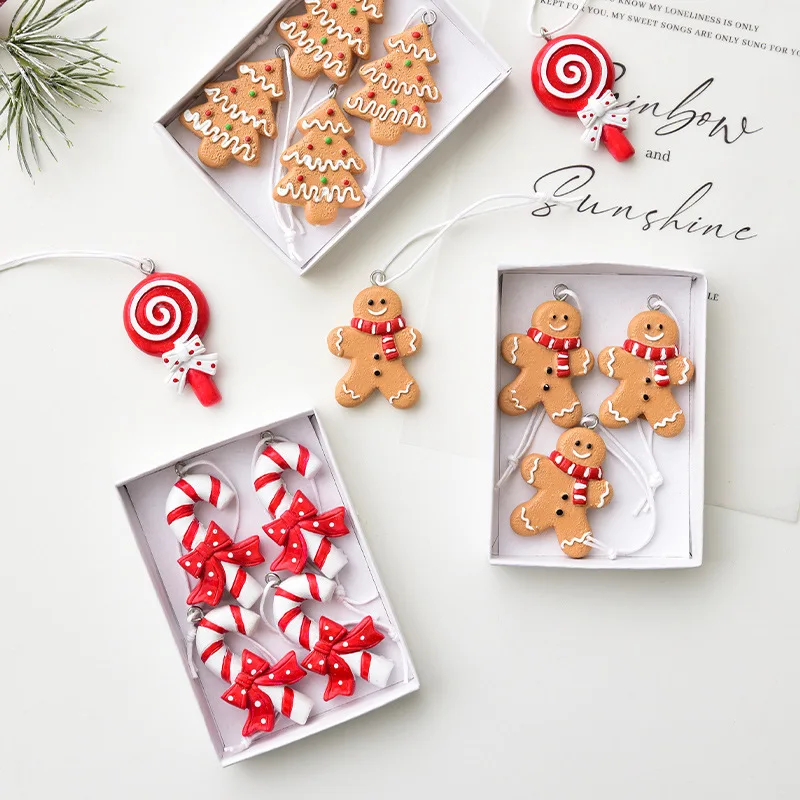 Christmas Decorations DIY Kit Resin Gingerbread Man & Candy Ornaments Set for Xmas Tree Home Party Festive Hanging Decor