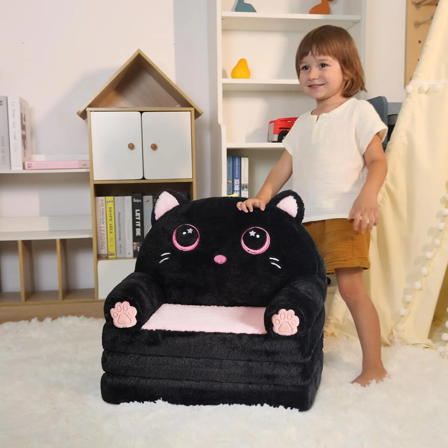 Comfy Toddler Chair for Reading and Napping, for Boys and Girls (Black & Pink Kitty) 5