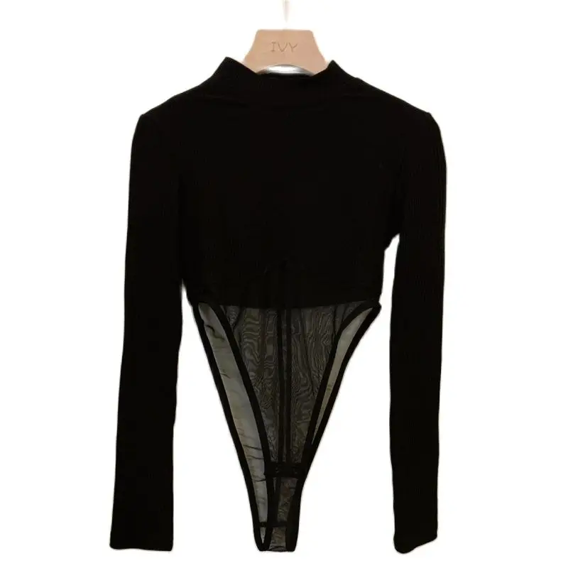 Mesh Patched Sexy Women Bodysuit Long Sleeves Knit Slim Fit Round Neck Spring Fashion Women Bodysuits