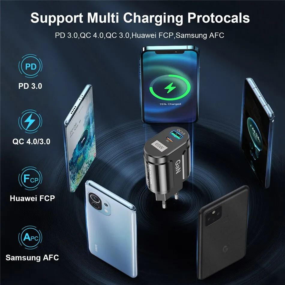 USLION 65W GaN USB C Charger Quick Charge Korea EU US Plug PD USB-C TypeC Fast USB Charger For iPhone 14 Xiaomi Samsung Macbook