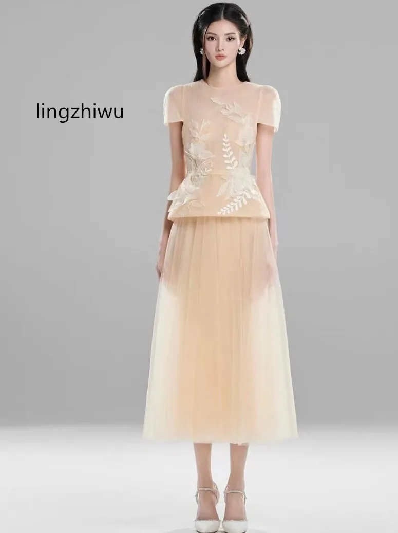 

lingzhiwu Mesh Skirt Set Designer Flower Belt Expansion Bottom Long Skirts Top Suit Fairy Twinset New Arrive