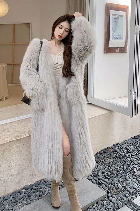 Street Style Fashion Long Sleeve V-neck Women's Faux Fur Coat 2023 Winter Fox Fur Coat Commute Style Long Thick Faux Fur Coat