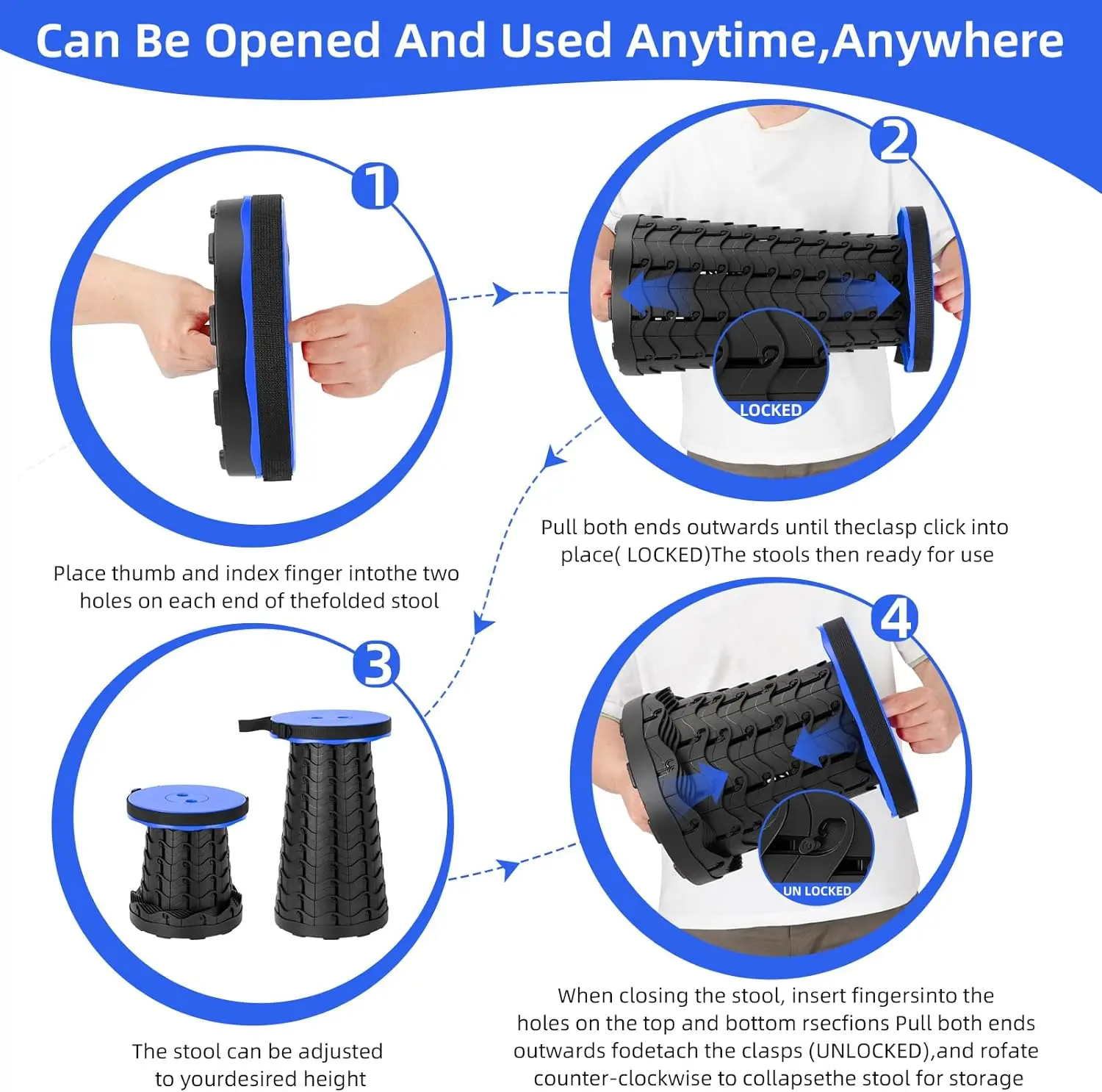 Collapsible Stool Portable Folding Stool for Fishing Telescoping Camping Round Retractable for Camping Hiking BBQ folding stool