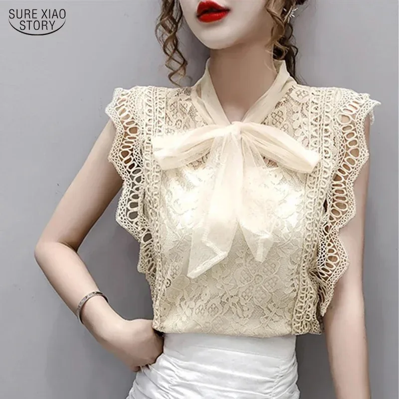 Women's Solid Hollow Out Shirt Korean Fashion Clothing Vintage Sleeveless Tops Lace Blouses With Bow 9811