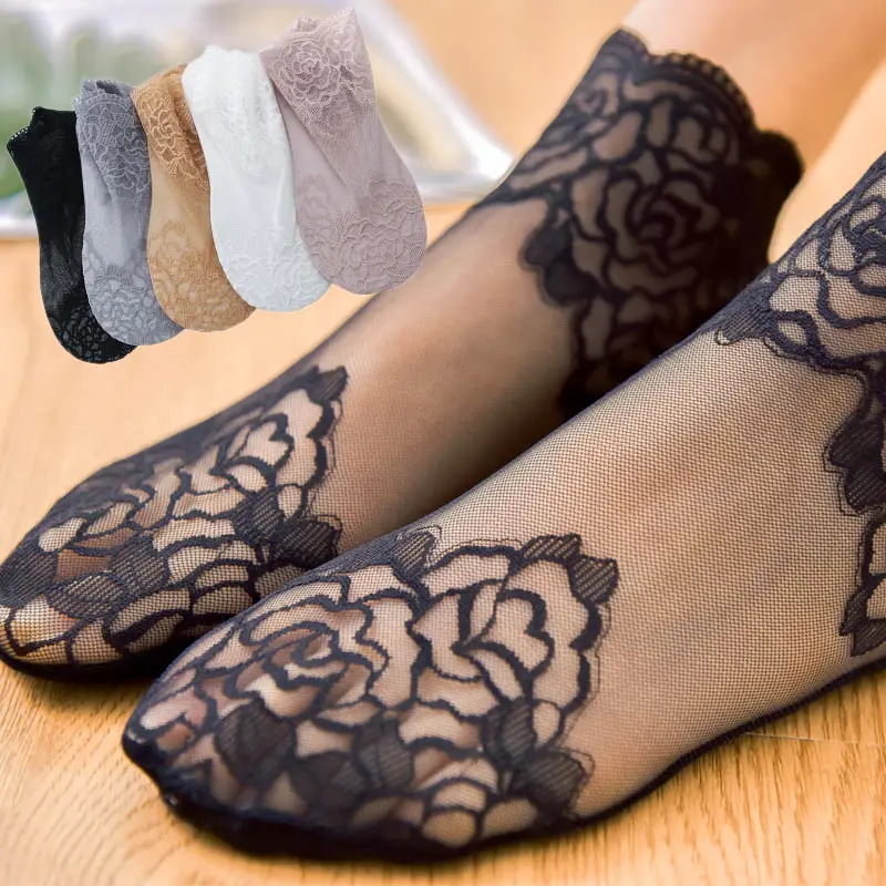 Lolita ženy neviditelná krajky ponožky hubený dámy krajky loď ponožky dutý protiskluzový mělký průhledná prodyšné kotník ponožky ženy