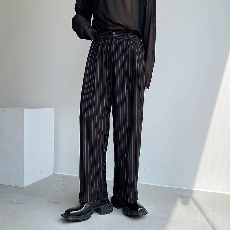 

2023Fashion Vintage Men Pant Waist Elastic Loose Casual Stripe Straight Suit Korean Streetwear Trend Wide Leg Trousers Man