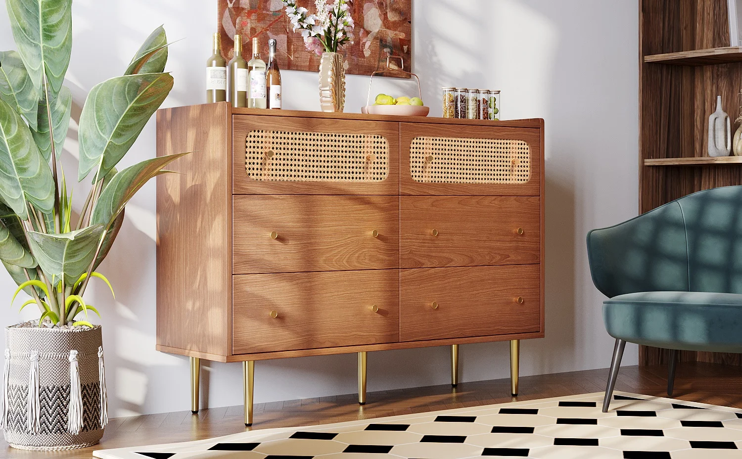 Rattan Sideboard Highboard Walnut Tree H90/B120/T40 cm Chest of Drawers with 6 Drawers Wooden Furniture for Bedroom Living Room