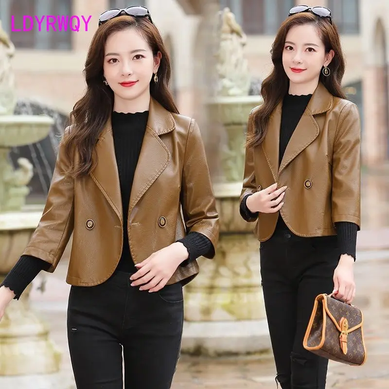 PU leather jacket women's short spring and autumn new Korean version loose fitting fashion casual leather jacket suit summer thin short sleeved blazer men s fashion business society mens suit jacket korean loose casual dress jacket men s 3xl