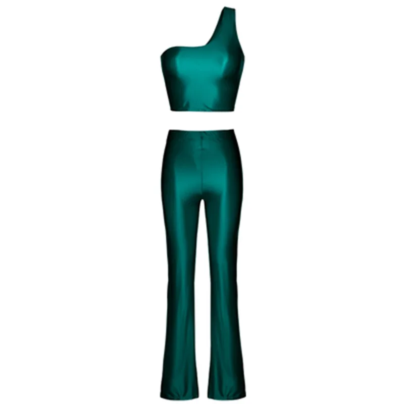 Women Sexy Oil Shiny Glossy Jumpsuit Bodysuit Stretch Spandex Top Flared Pants One-piece Leotard Catsuit Flared Pants
